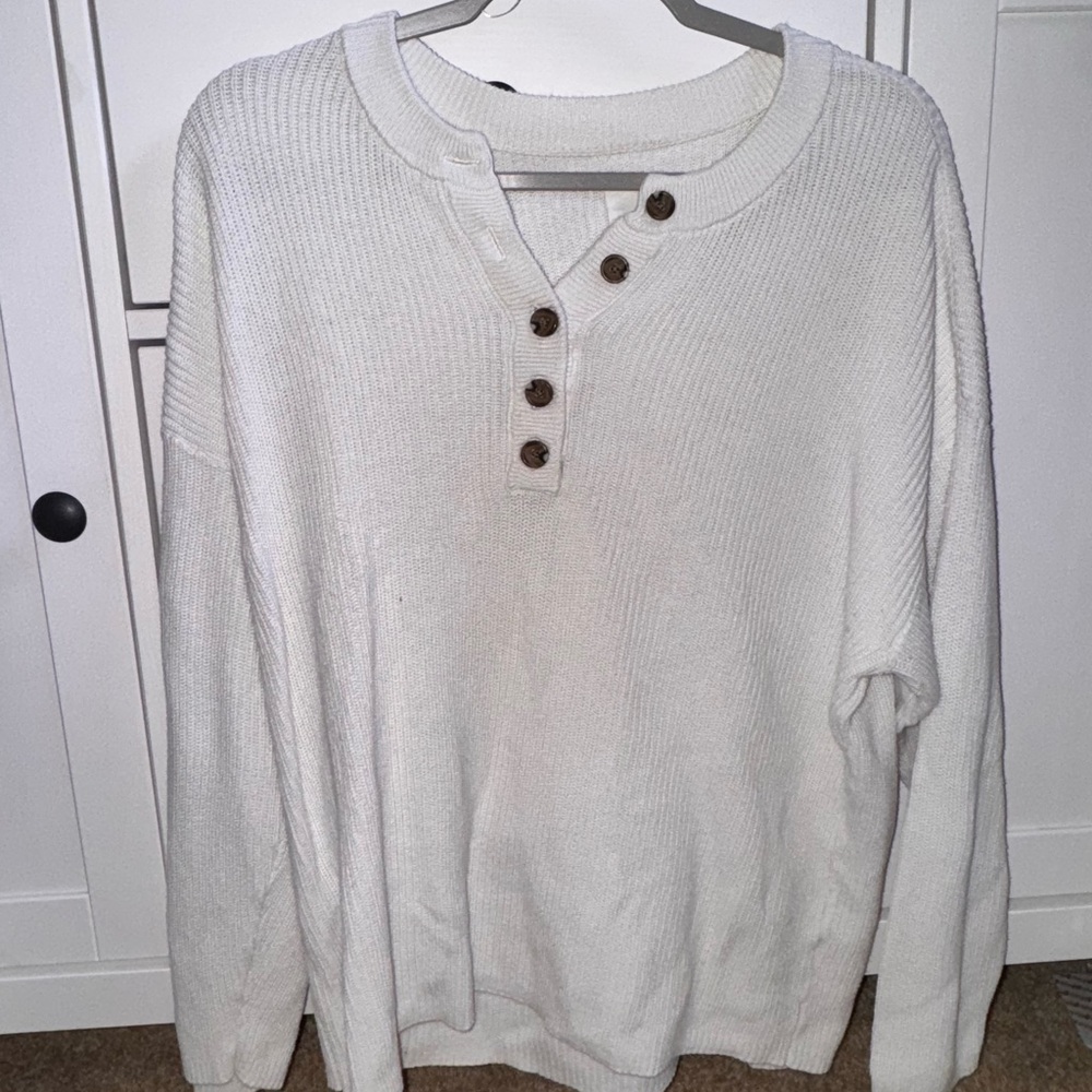 Aerie Women's Cream Crewneck Sweater with Button Detail